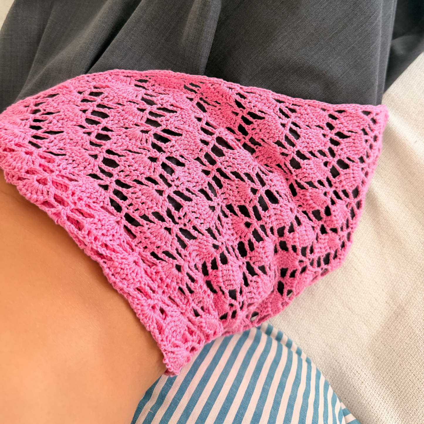 Givéh knitwear pink cotton hand crocheted mini scarf by female artisans in Iran, openwork crochet wrap around the neck