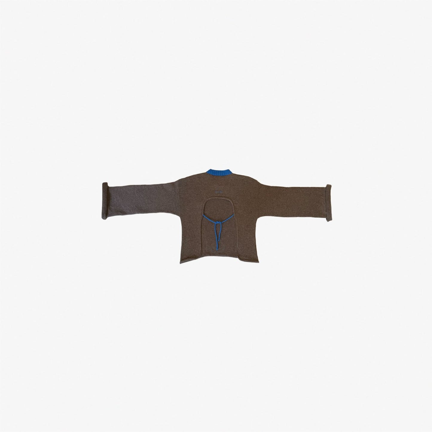 givéh knitwear handmade by female artisans in iran using only natural and recycled fibres. contemporary knitwear for cool people. taupe sweater with open back and wide sleeves. blue details. 100% merino wool. fall 2025 collection.