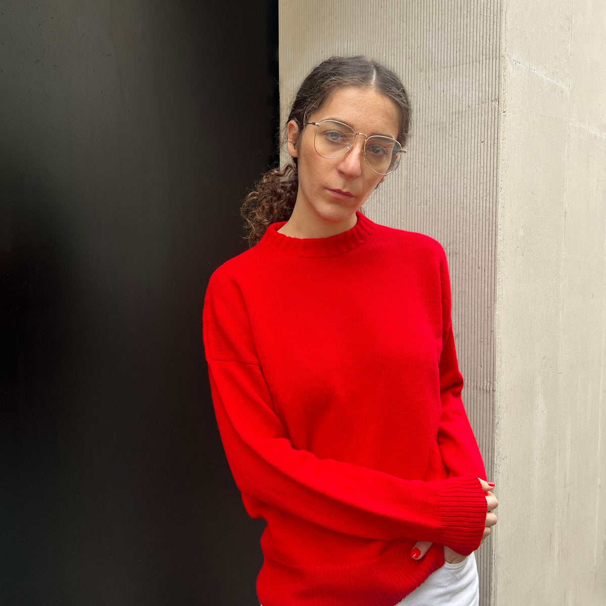 Givéh handmade 100% merino wool unisex crewneck sweater by female artisans in Iran, red, fall 2025 collection