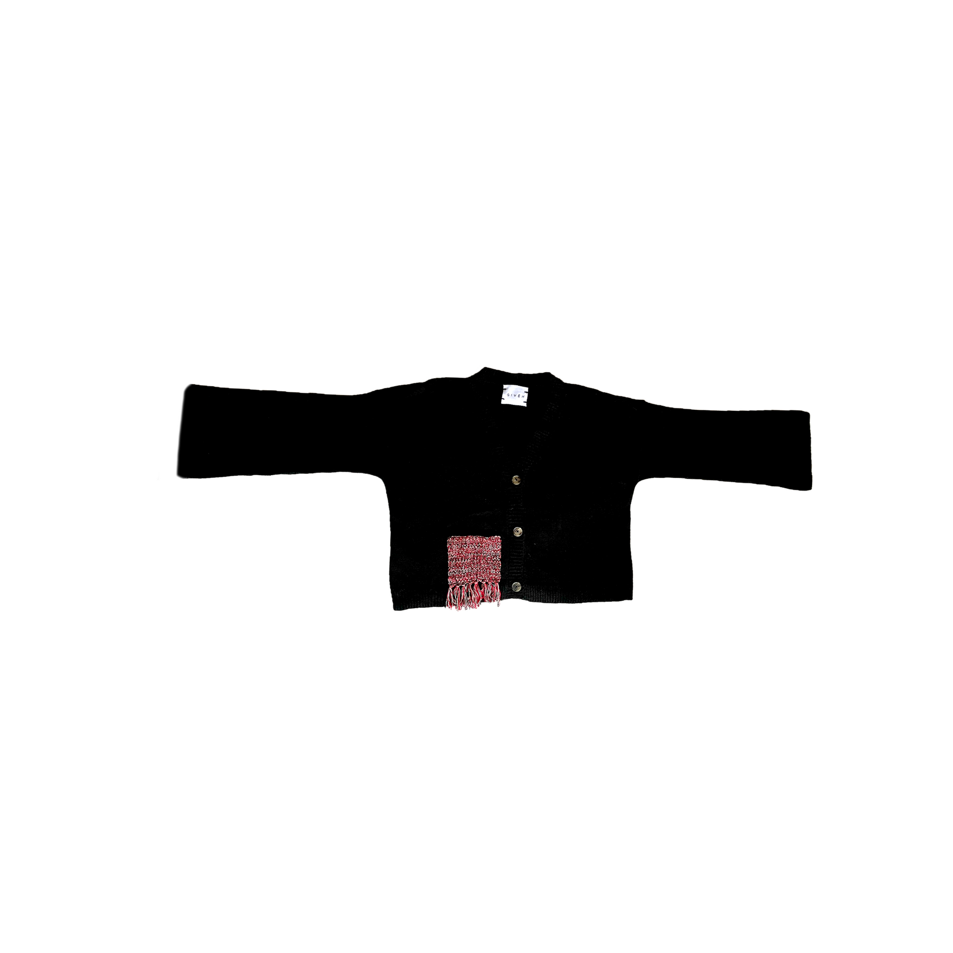 Black martial arts gi with red placket on a white background.
givéh knitwear handmade by female artisans in iran using only natural and recycled fibres. contemporary knitwear for cool people. black cardigan with red/black gradient fringe pocket. 3 natural horn buttons. 100% merino wool. fall 2025 collection.