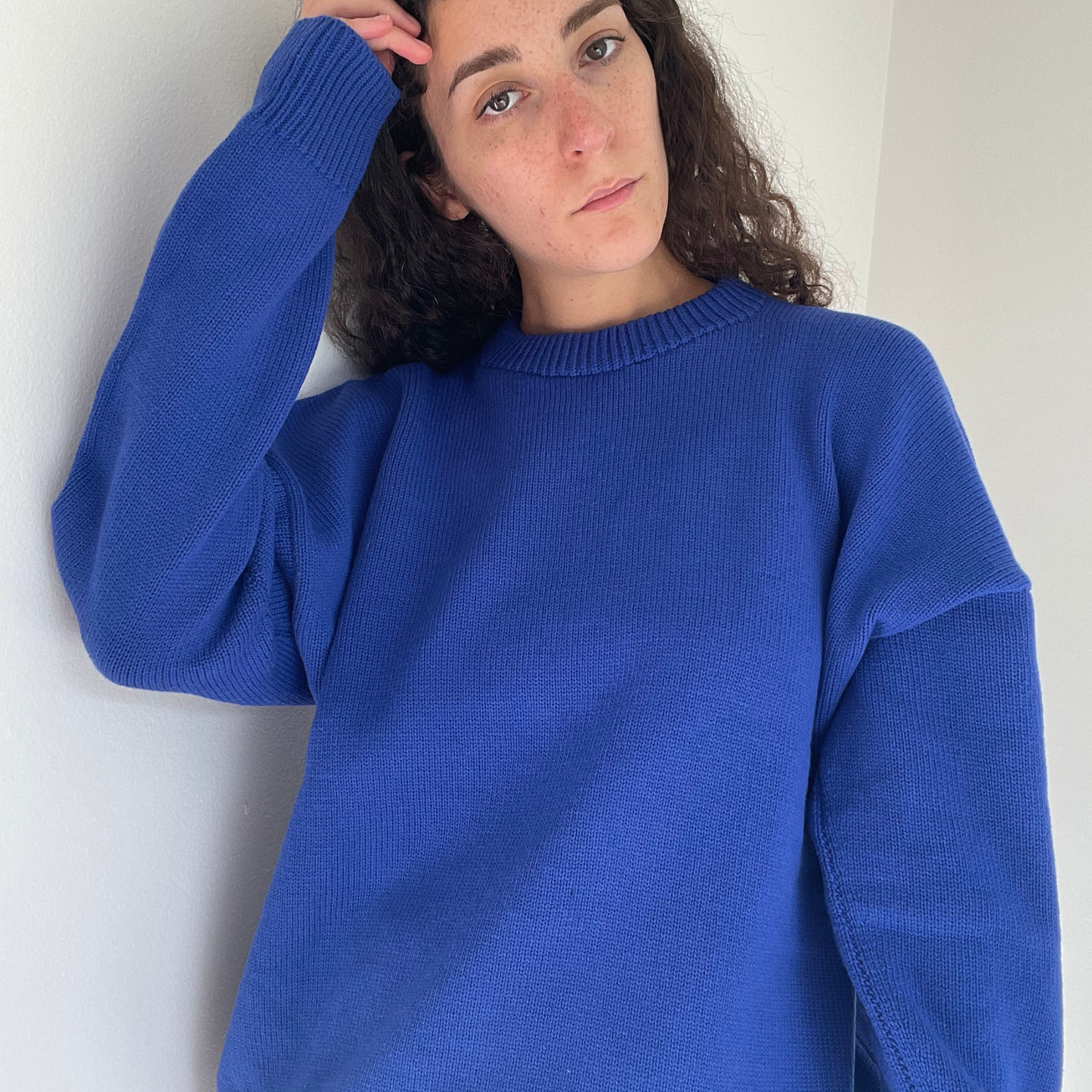 Person wearing a blue sweater against a white background.
givéh knitwear handmade by female artisans in iran using only natural and recycled fibres. contemporary knitwear for cool people. blue unisex crewneck sweater. 100% merino wool. fall 2025 collection.