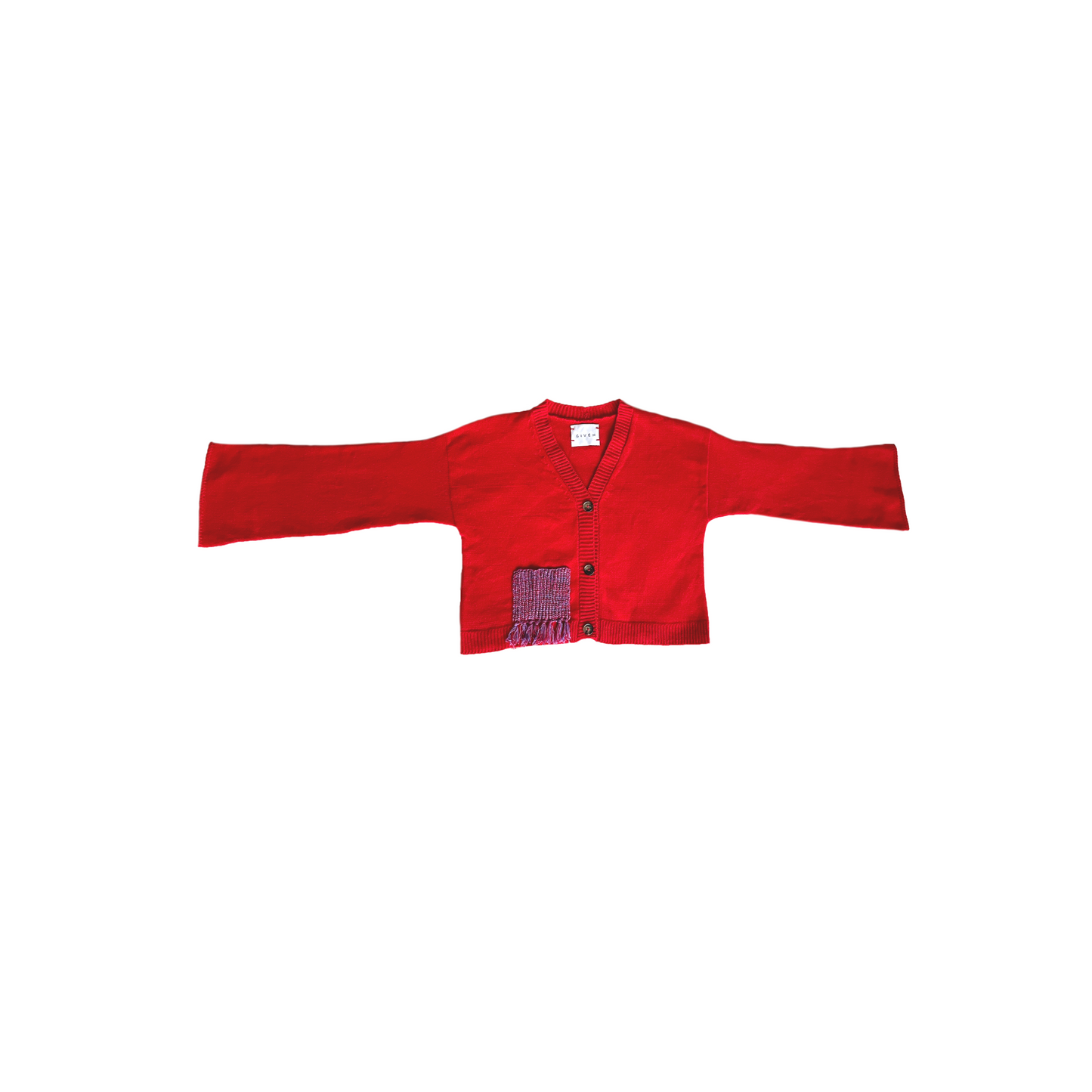 Red jacket with a plaid pattern on a white background.
givéh knitwear handmade by female artisans in iran using only natural and recycled fibres. contemporary knitwear for cool people. red cardigan with red/purple gradient fringe pocket. 3 natural horn buttons. 100% merino wool. fall 2025 collection.