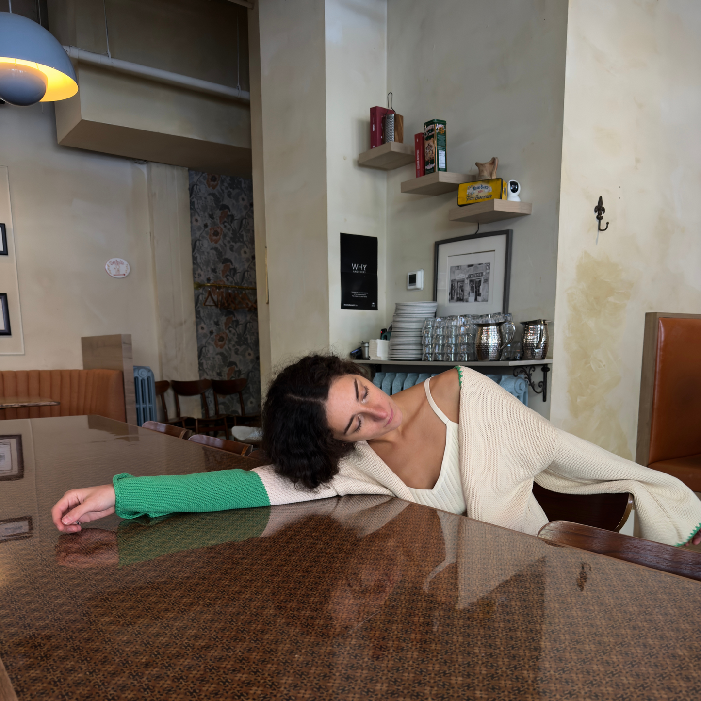 givéh knitwear handmade by female artisans in iran using only natural and recycled fibres. contemporary knitwear for cool people. cream the cardi, cream and green knit cardigan with belt made of cotton and recycled polyamide yarn. spring summer 2025 collection.