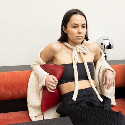 Givéh knitwear cotton hand knit cardigan by female artisans in Iran, wrap style with neck tie and wide sleeves, effortless layered look