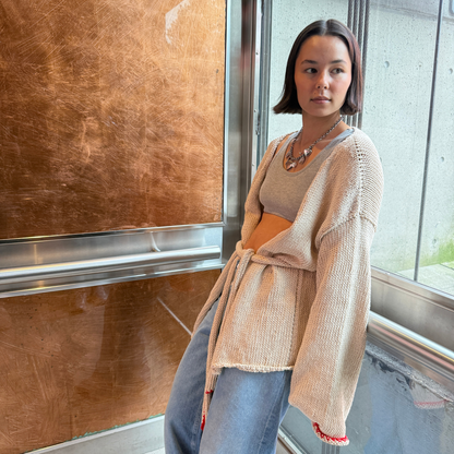 Givéh knitwear cotton hand knit cardigan by female artisans in Iran, belted wrap style with wide sleeves and open front, relaxed everyday layering piece