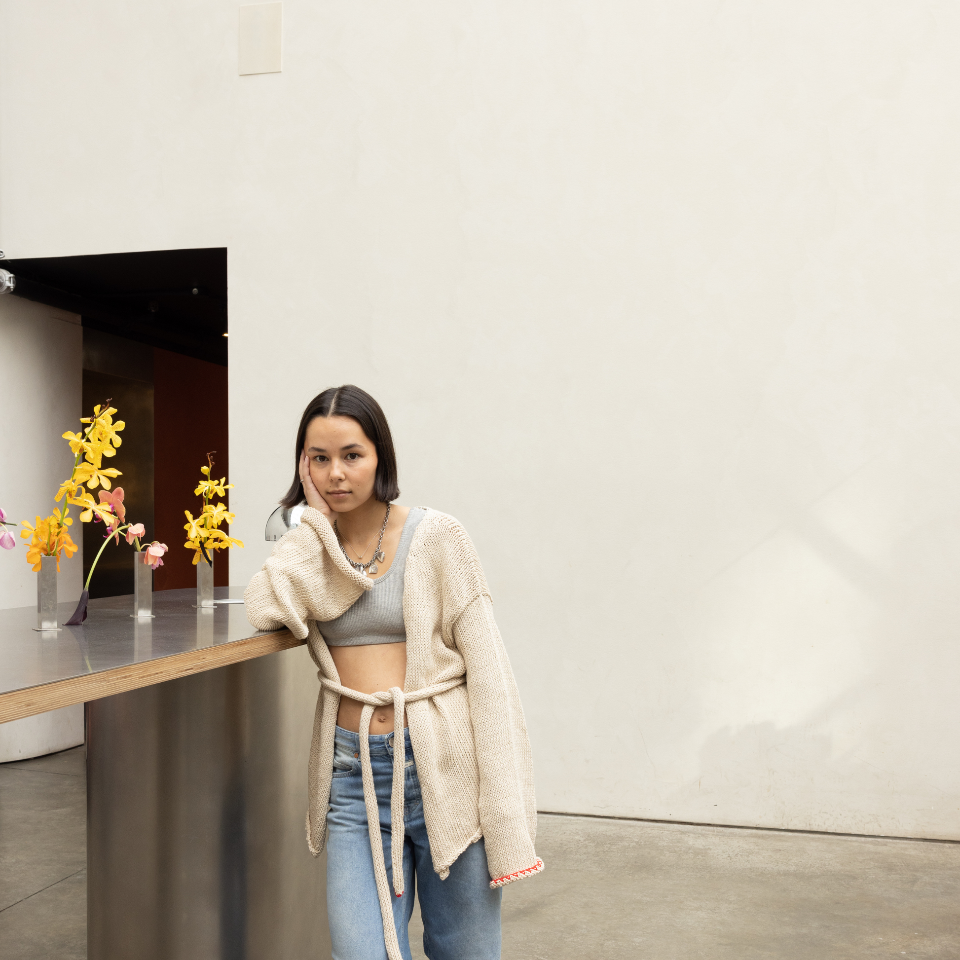 Givéh knitwear cotton hand knit cardigan by female artisans in Iran, belted wrap style with wide sleeves and open front, relaxed everyday layering piece