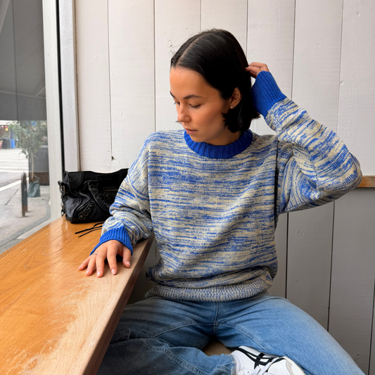 Givéh handmade merino wool cashmere-blend unisex crewneck sweater by female artisans in Iran, blue and yellow gradient with cobalt details
