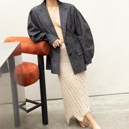 Givéh knitwear cotton hand crocheted skirt by female artisans in Iran, semi-sheer fitted silhouette with raw hem, lightweight spring summer skirt with adjustable length.