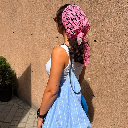 Givéh knitwear pink cotton hand crocheted mini scarf by female artisans in Iran, openwork crochet wrap around the neck