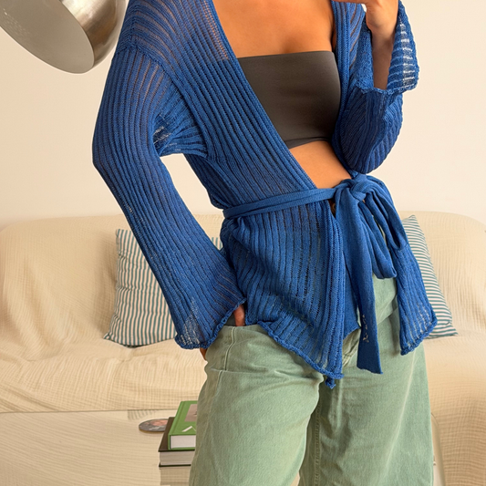 Givéh handmade organic cotton cardigan by female artisans in Iran, blue with embroidered belt
