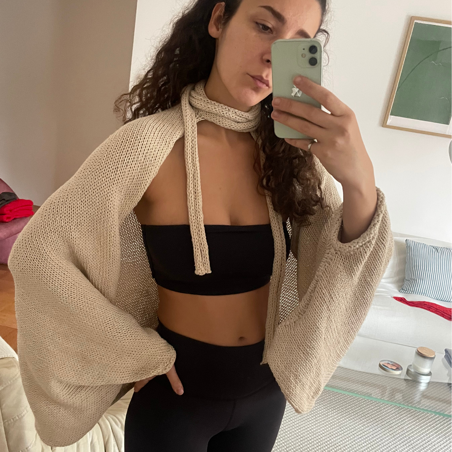 Givéh knitwear cotton hand knit cardigan by female artisans in Iran, wrap style with neck tie and wide sleeves, effortless layered look