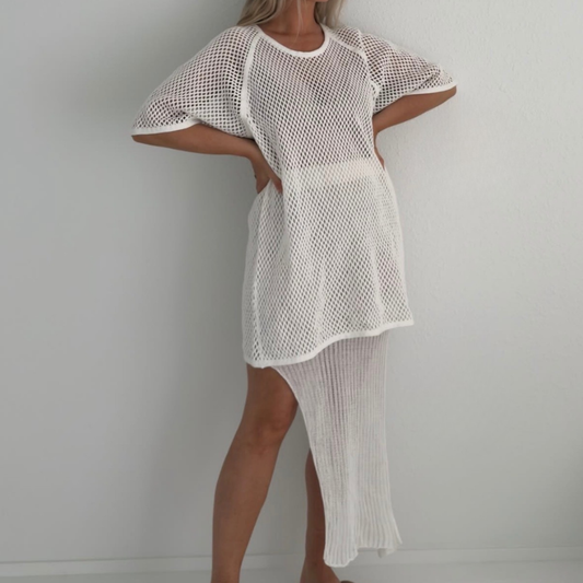 Givéh handmade organic cotton asymmetrical midi skirt by female artisans in Iran, elastic waistband, one side falling at the ankle