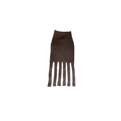 givéh knitwear handmade by female artisans in iran using only natural and recycled fibres. contemporary knitwear for cool people. brown skirt with handcrocheted edges. 100% merino wool. fall 2025 collection.