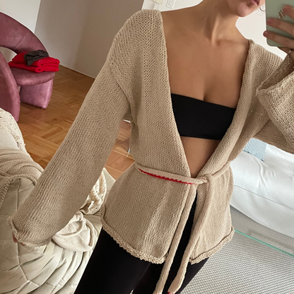 Givéh knitwear cotton hand knit cardigan by female artisans in Iran, belted wrap style with wide sleeves and open front, relaxed everyday layering piece