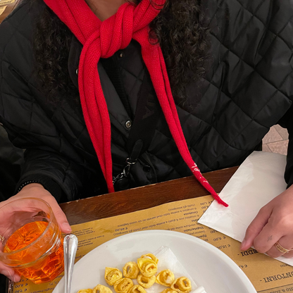 givéh knitwear handmade by female artisans in iran. knitwear for cool people. merino wool lily mini scarf  with embroidery.