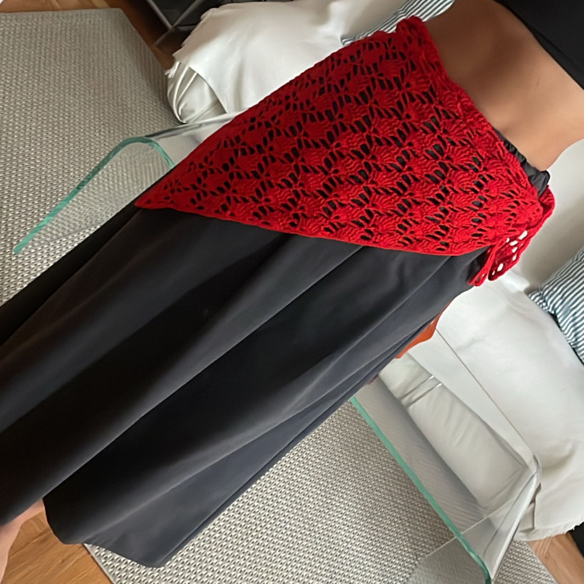 Givéh knitwear red cotton hand crocheted mini scarf by female artisans in Iran, openwork crochet wrap styled at the waist