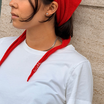 Givéh handmade merino wool cashmere-blend mini scarf by female artisans in Iran, hand embroidered lily detail in red