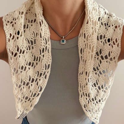 Givéh knitwear white cotton hand crocheted mini scarf by female artisans in Iran, openwork crochet wrap around the neck