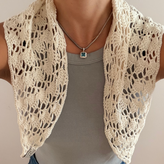 Givéh knitwear white cotton hand crocheted mini scarf by female artisans in Iran, openwork crochet wrap around the neck