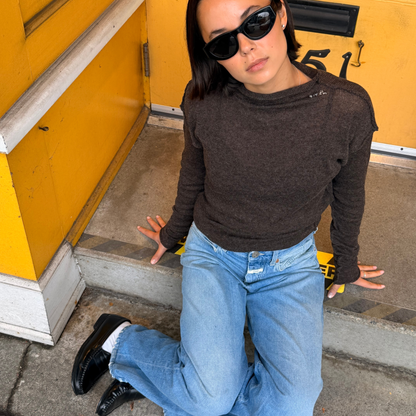 Givéh Panda mock-neck sweater in brown, a wool and cashmere knit by female artisans in Iran with an inside-out finish and embroidered Givéh lettering at the neckline