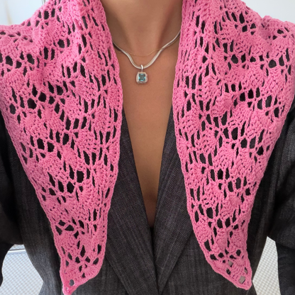 Givéh knitwear pink cotton hand crocheted mini scarf by female artisans in Iran, openwork crochet wrap around the neck