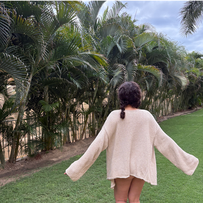 Givéh knitwear cotton hand knit cardigan by female artisans in Iran, belted wrap style with wide sleeves and open front, relaxed everyday layering piece