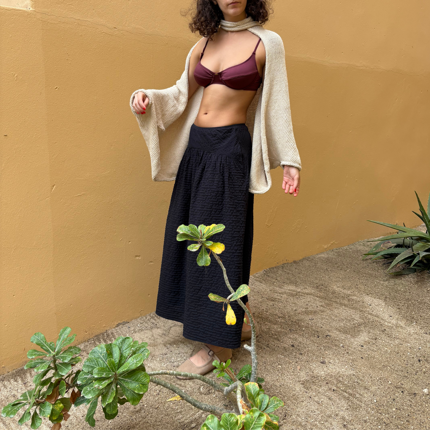 Givéh knitwear cotton hand knit cardigan by female artisans in Iran, wrap style with neck tie and wide sleeves, effortless layered look