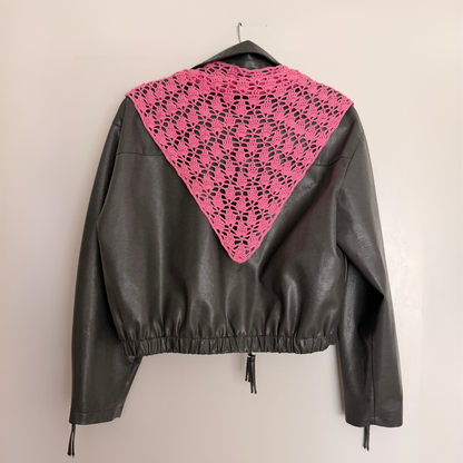Givéh knitwear pink cotton hand crocheted mini scarf by female artisans in Iran, openwork crochet over jacket