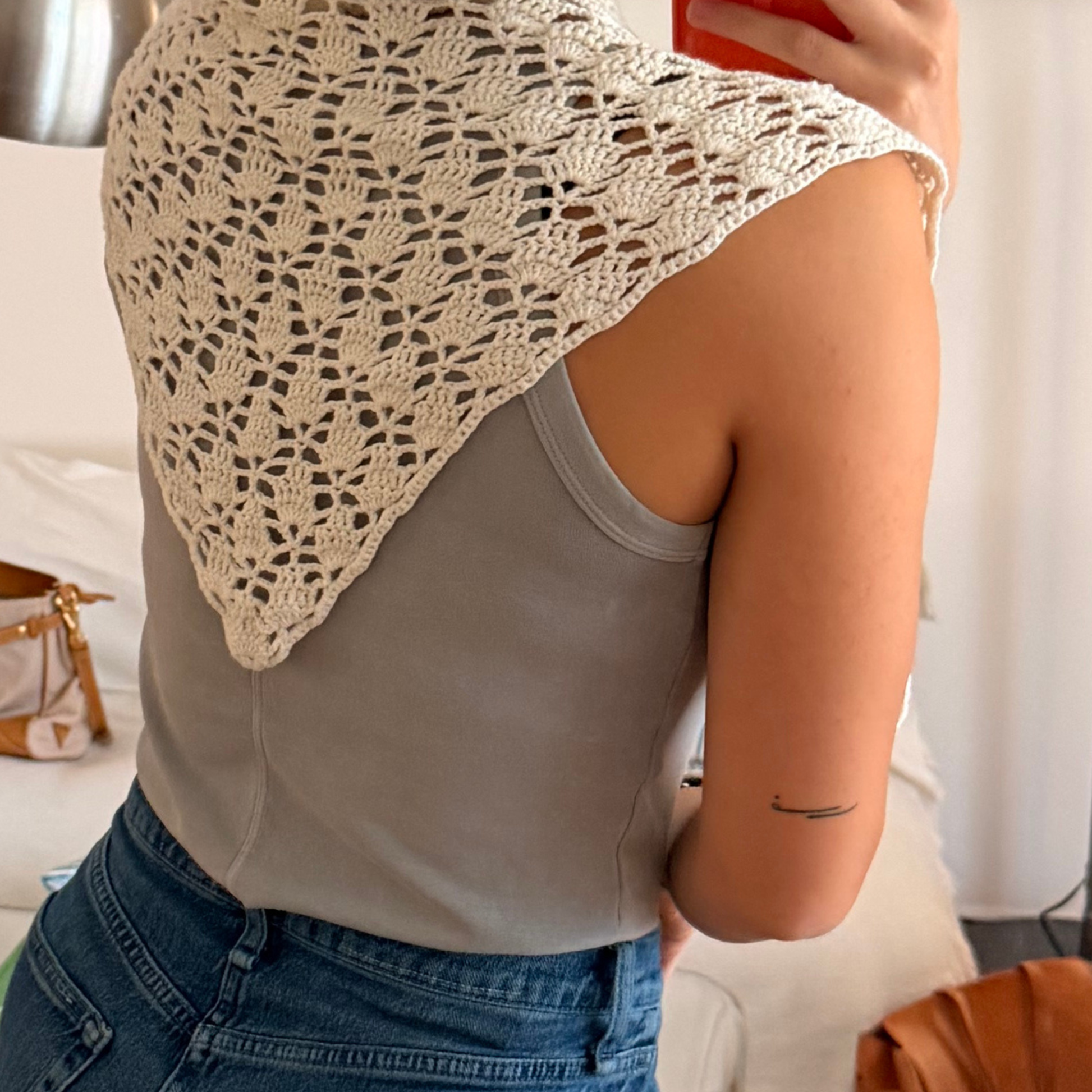 Givéh knitwear white cotton hand crocheted mini scarf by female artisans in Iran, openwork crochet wrap around the neck