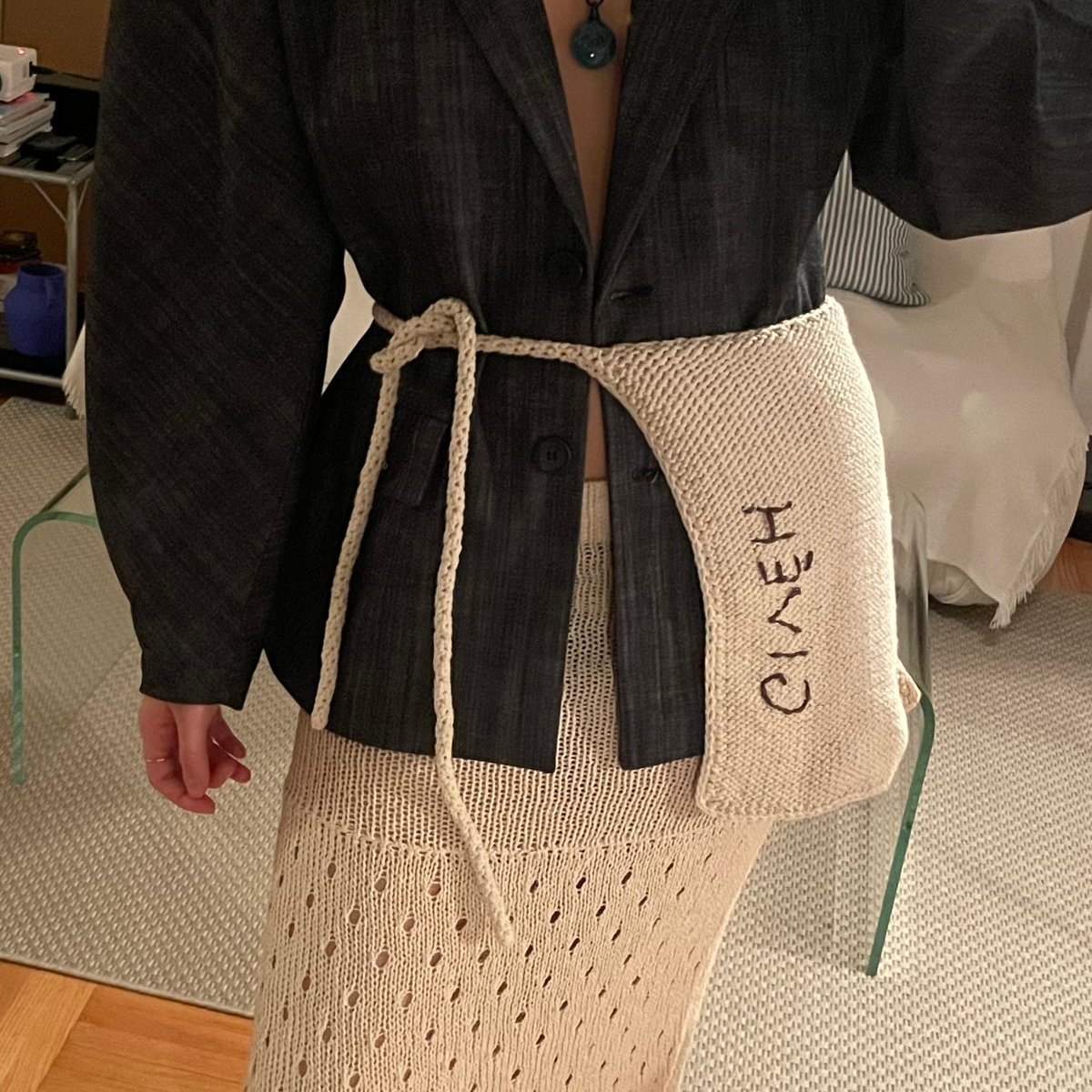 Givéh handmade 100% natural undyed cotton crossbody bag by female artisans in Iran, hand crocheted adjustable strap with hand embroidered logo