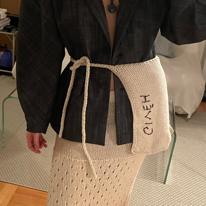 Givéh handmade 100% natural undyed cotton crossbody bag by female artisans in Iran, hand crocheted adjustable strap with hand embroidered logo