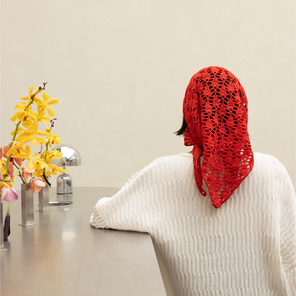 Givéh knitwear red cotton hand crocheted mini scarf by female artisans in Iran, openwork crochet wrap styled at the waist