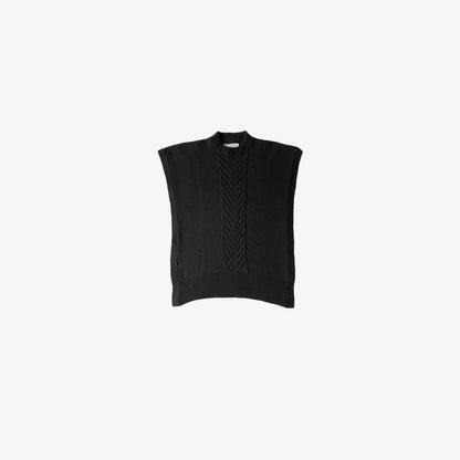 givéh knitwear handmade ethical timeless black merino wool open side crewneck vest with double natural engraved horn button closure on the side everyday all season vest