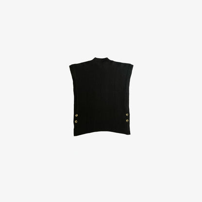 givéh knitwear handmade ethical timeless black merino wool open side crewneck vest with double natural engraved horn button closure on the side everyday all season vest