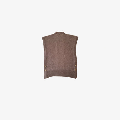 givéh knitwear handmade ethical timeless camel brown merino wool open side crewneck vest with double natural engraved horn button closure on the side everyday all season vest