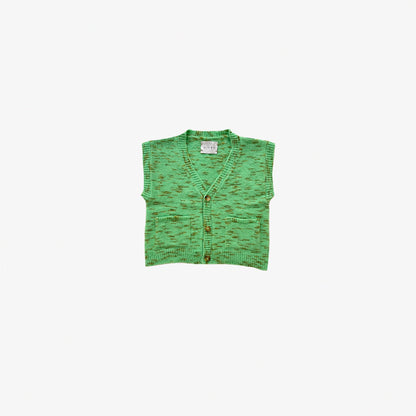 givéh knitwear handmade ethical timeless green speckled wool alpaca recycled polyamide knit vest with natural engraved horn buttons