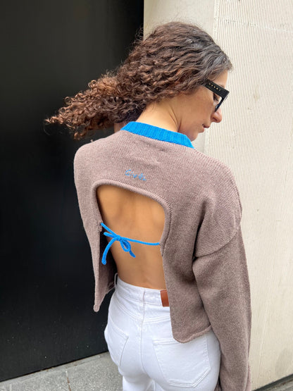 givéh knitwear handmade ethical timeless camel brown backless crewneck sweater with blue drawstring