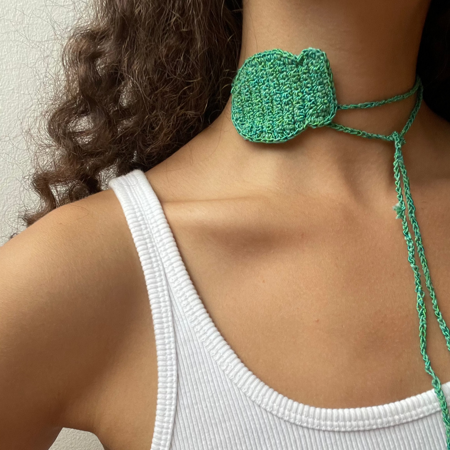 green hand crochet fish necklace cotton