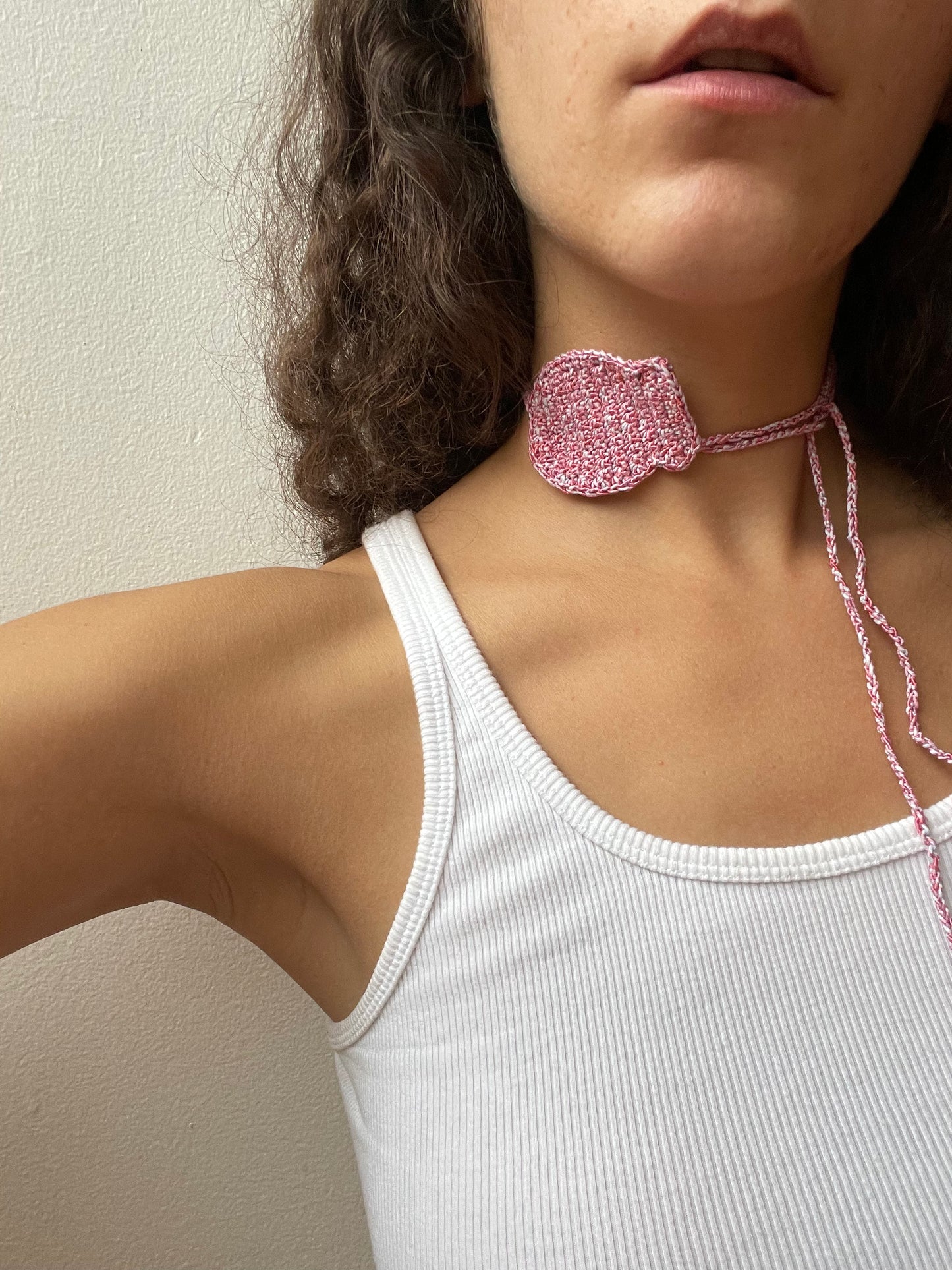 pink hand crochet fish necklace cotton