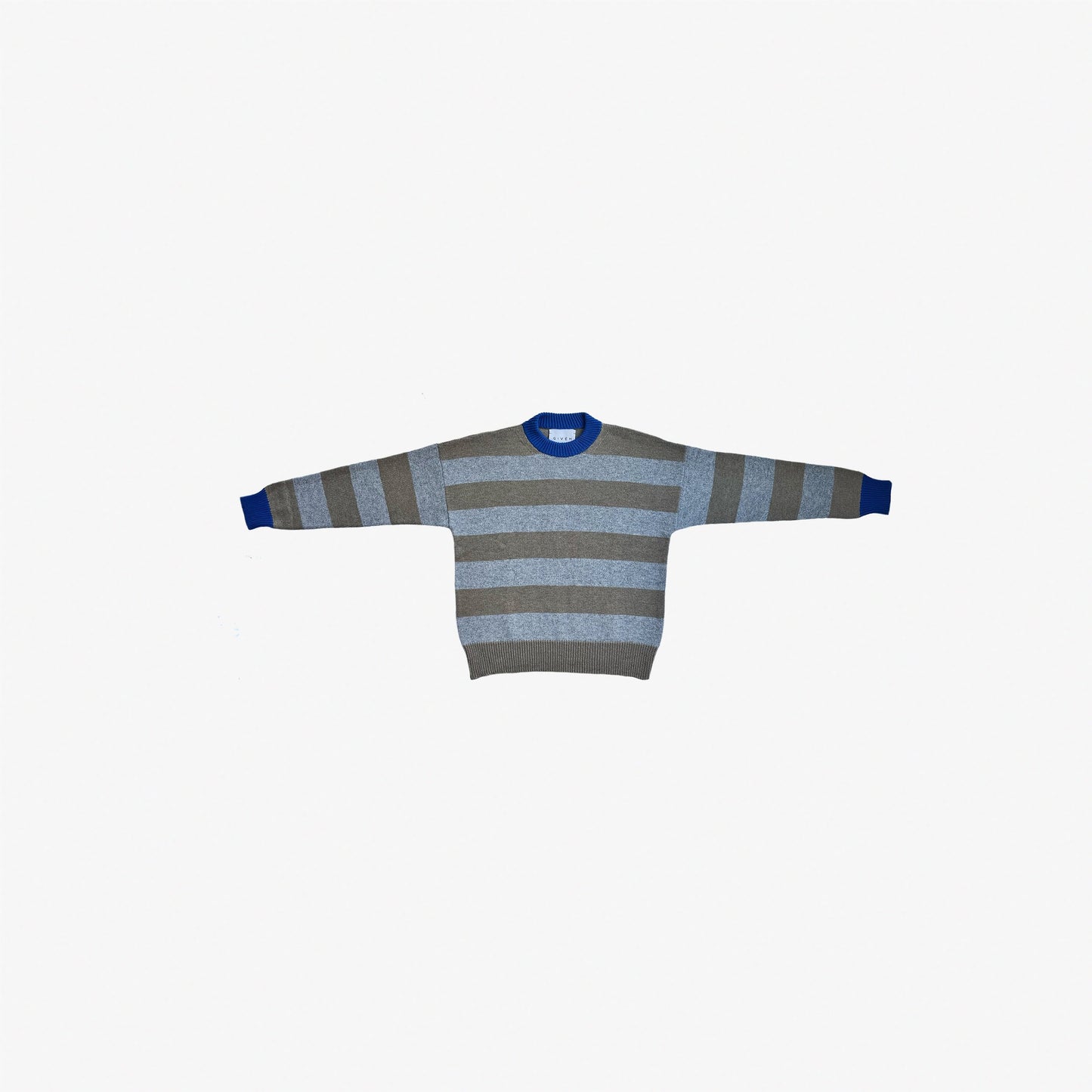 givéh knitwear handmade ethical timeless grey and taupe striped merino wool cashmere knit sweater with blue cobalt ribbing unisex