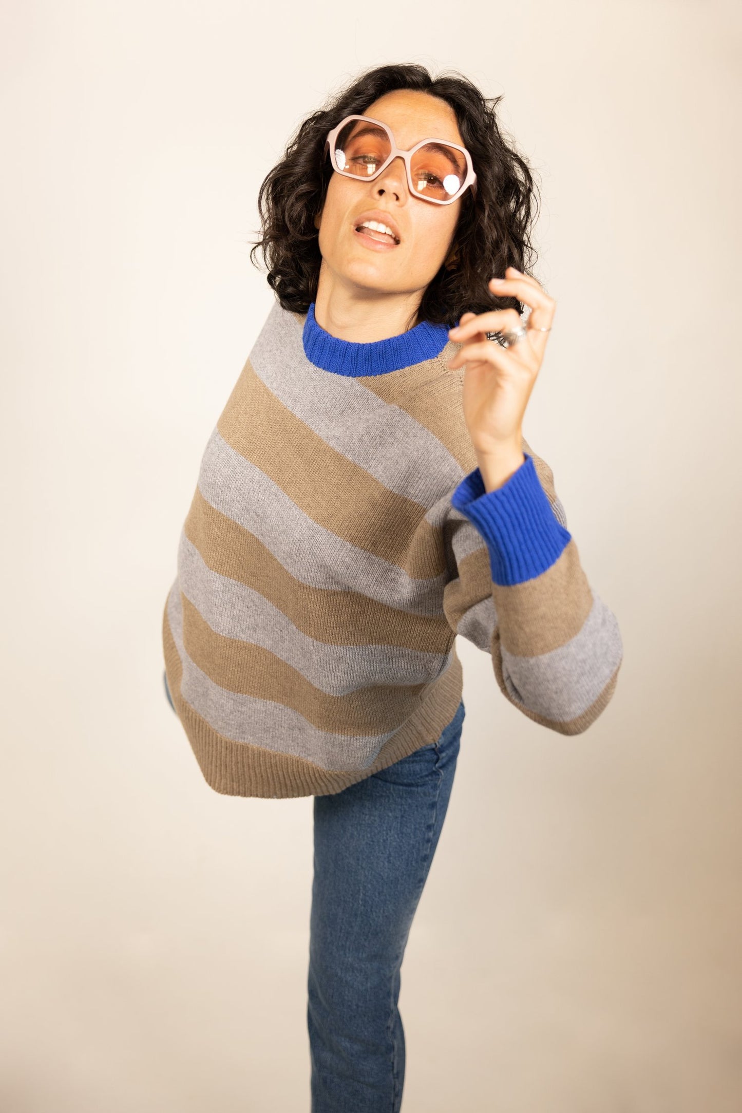 givéh knitwear handmade ethical timeless grey and taupe striped merino wool cashmere knit sweater with blue cobalt ribbing unisex