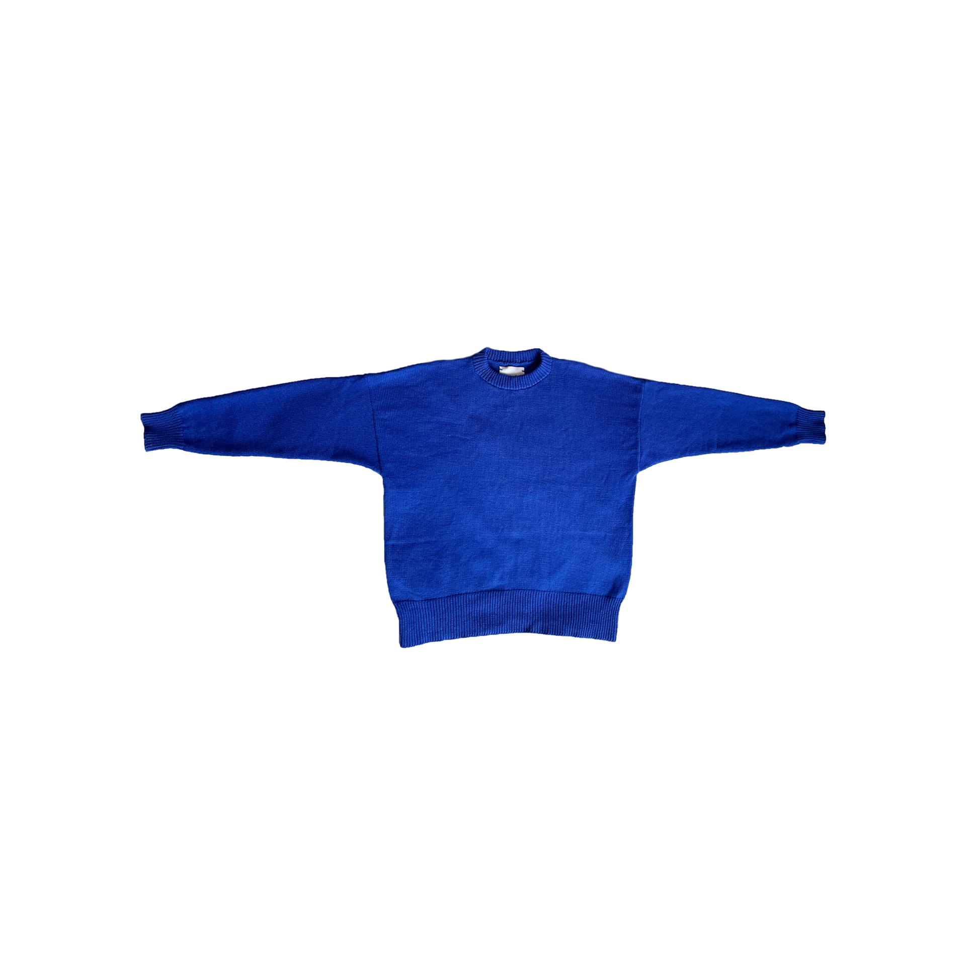 Blue sweater on a white background.
givéh knitwear handmade by female artisans in iran using only natural and recycled fibres. contemporary knitwear for cool people. blue unisex crewneck sweater. 100% merino wool. fall 2025 collection.