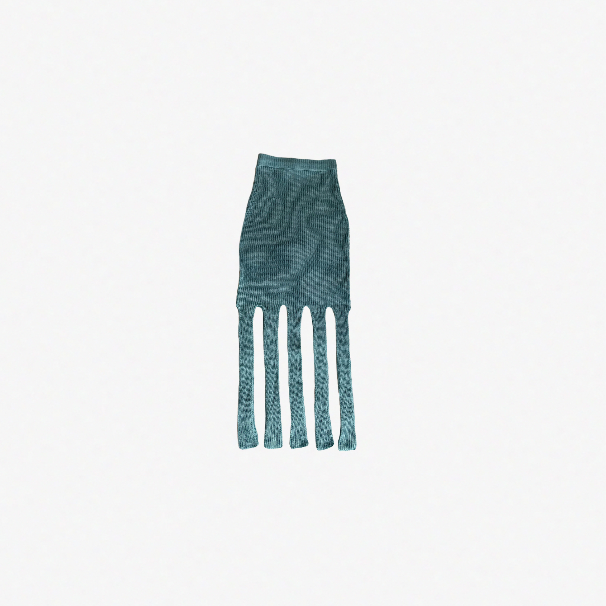 givéh knitwear handmade by female artisans in iran using only natural and recycled fibres. contemporary knitwear for cool people. blue skirt with handcrocheted edges. 100% merino wool. fall 2025 collection.