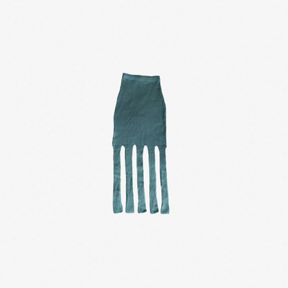 givéh knitwear handmade by female artisans in iran using only natural and recycled fibres. contemporary knitwear for cool people. blue skirt with handcrocheted edges. 100% merino wool. fall 2025 collection.