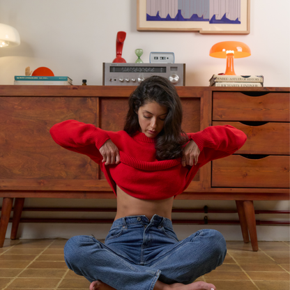 givéh knitwear handmade by female artisans in iran using only natural and recycled fibres. contemporary knitwear for cool people. red unisex crewneck sweater. 100% merino wool. fall 2025 collection.