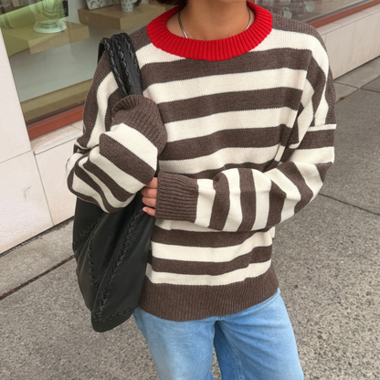 Givéh Coffee Stripe Party unisex crewneck sweater in brown and cream stripes with a red ribbed neckline, a merino wool and cashmere knit by female artisans in Iran